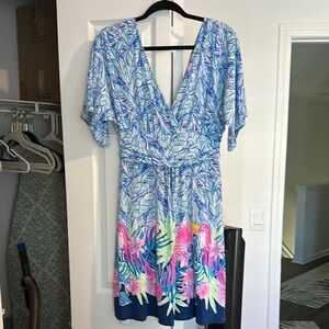 Lilly Pulitzer Blue and White V-Neck Flutter Sleeve Midi Dress